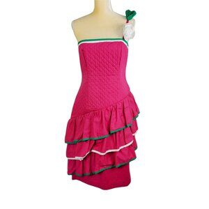 Vintage 80s Maximalist Hot Pink Cotton Quilted Bodice Tiered Ruffled Party Dress